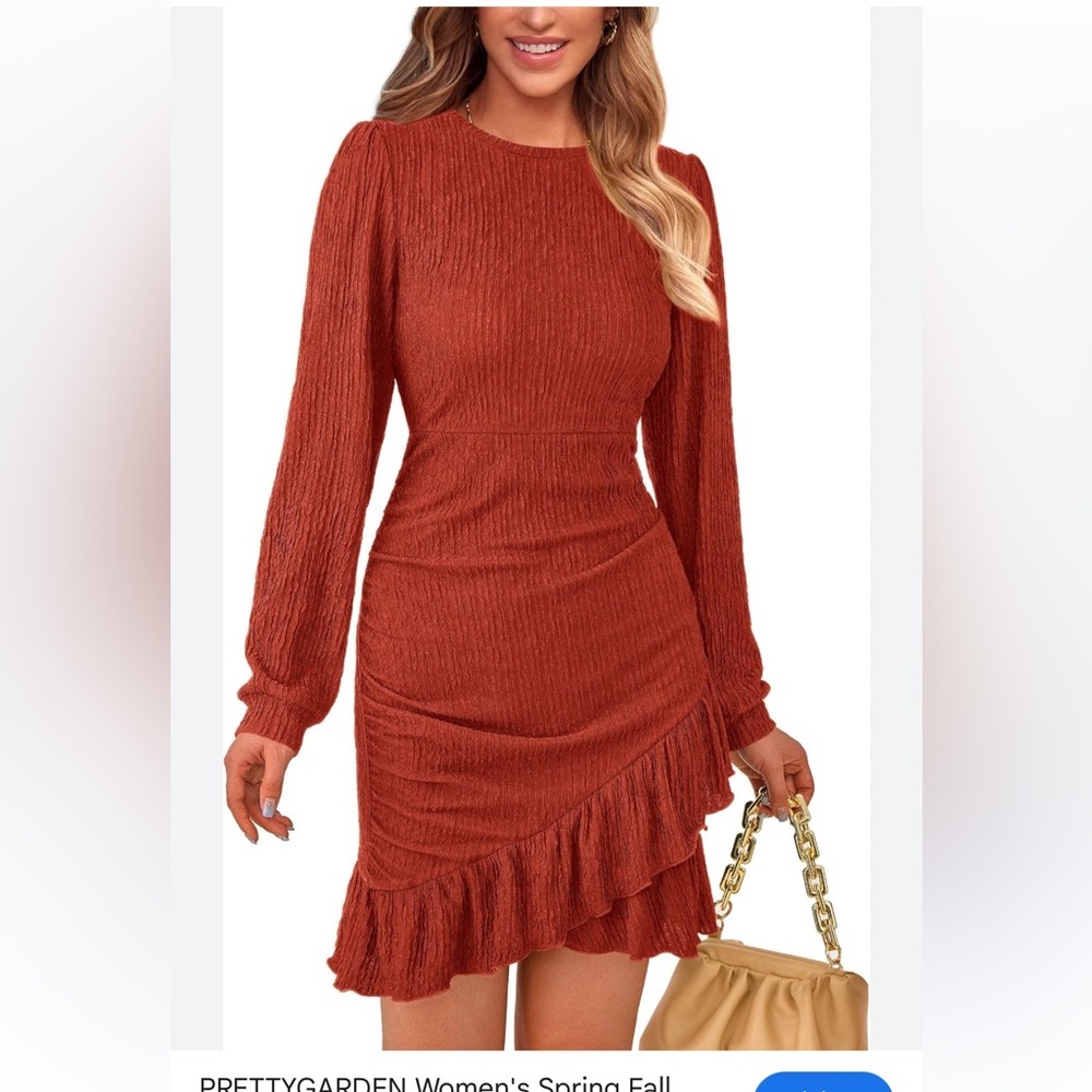 PRETTYGARDEN Women's Long Sleeve Rust Dress with Ruffle Detail